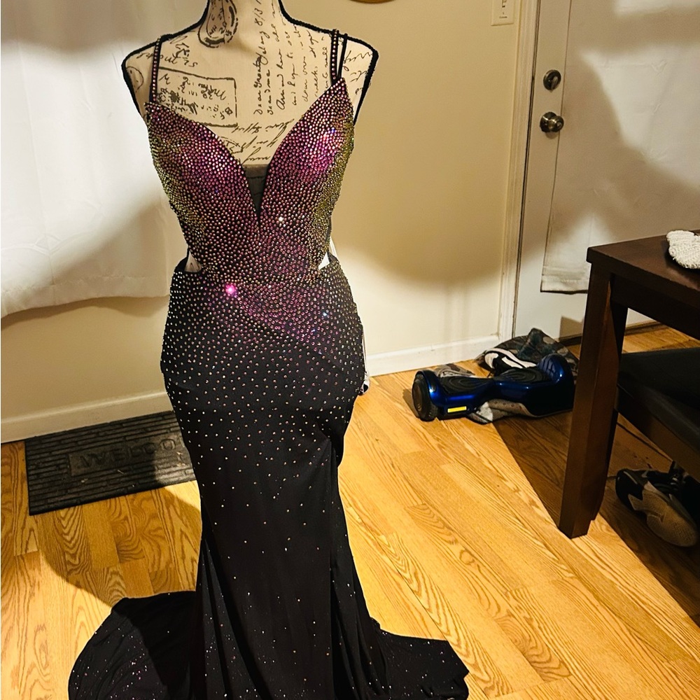 Mon Cheri Black and Purple Sequin Backless Gown